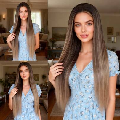 ZigZag Hair Ombre Mixed Brown To Golden Brown Synthetic Lace Front Wig - Pre-Plucked Natural Hairline, Elastic Cap Construction, 24 Inch Length, Suitable For Daily Wear - High Temperature Fiber Lace Wig 13x4 Inch, Suitable For Fashion Women's Daily, Date, Party Use