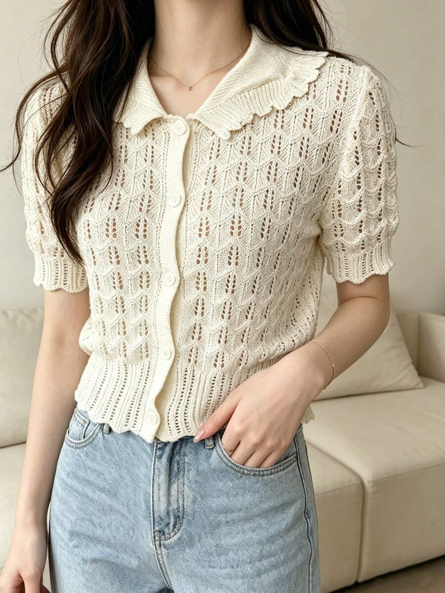 Áo cardigan dệt kim dáng ngắn màu trắng tinh khôi kiểu Hàn Quốc mùa hè dành cho nữ, điểm nhấn khoét rỗng, cổ Peter Pan bèo nhún, tay áo cánh hoa, cài cúc phía trước, kiểu dáng rộng rãi, thoải mái hàng ngày. - Màu be - Xem 1