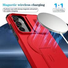可折疊支架手機殼，附滑動相機蓋，適用於 Galaxy S26Ultra S25Ultra S24Ultra S23Ultra S22Ultra /A17/A26/A36/A55/A37/A57/A56/A16，相容於 S24/S24 FE/S25/S25/S25 FE 與 8 9 10 A PRO，磨砂質感防摔保護手機殼，滑蓋手機殼，時尚手機殼，手機配件，夏季禮物 - 紅色 - 查看 3