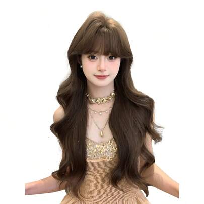 SHUDUO 30-Inch Long Synthetic Wig Featuring A Natural Curly Hair Look A Stunning Chocolate-Brown. Designed With Bangs , It Is Crafted From Heat-Resistant Fiber To Ensure Durability. This False Hairpiece Is Perfect For Ms Daily Use, Offering A Natural And Realistic Appearance That Mimics It Is Also A Gift For Women.