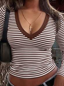 GLAMSKIN Women's Summer/Autumn Basic Striped Contrast Trim V-Neck Long Sleeve Top, Back To School/Outing/Streetwear Casual - Brown and White Stripes - View 9