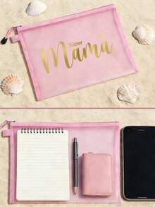 母亲节礼物网眼化妆包，金色字母“Súper Mama”网眼化妆包，创意“Mama”心形印花图案，透明拉链化妆包 - 彩色 - 查看 8