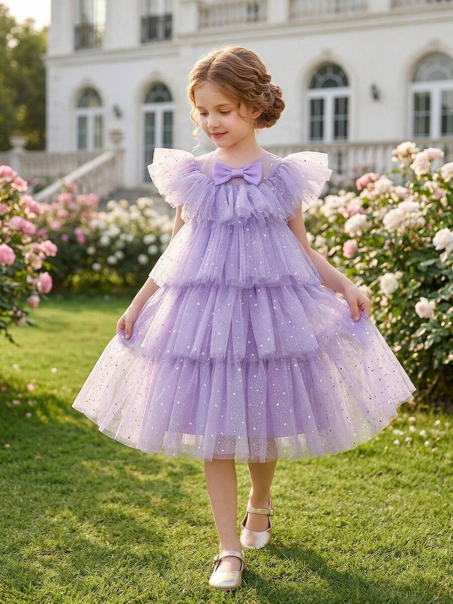 Young Girl Lavender Bow Sleeveless Sequin Mesh Party Princess Dress, Cake Dress Suitable For Girls Birthday Party, Prom, Graduation Ceremony - Purple - View 1