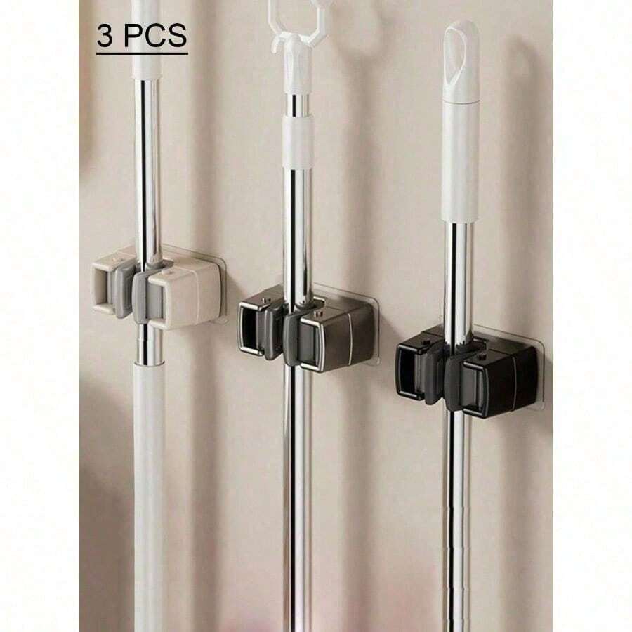1/3pcs Wall Mounted Mop & Broom Holder, Modern Plastic Storage Clip, No Drill Adhesive Storage Solution, Suitable For Bathroom And Kitchen, Practical Hooks - Nhiều màu - Xem 1