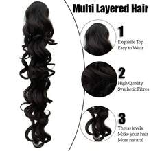 WIGGAGA 夏季时尚灵感 女士度假穿搭 情人节夏季穿搭 夏季 24 英寸渐变灰色自然波浪卷马尾假发，柔软自然，耐热合成纤维，适合女性日常使用 - 咖啡棕 - 查看 7