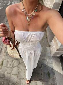 女士纯白色波西米亚风优雅性感抹胸荷叶边连衣裙，修身设计凸显身材，适合海滩度假、婚礼、夏季派对等场合。 - 白色 - 查看 6