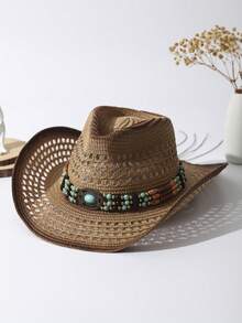 1pc Unisex Turquoise Decor Dyeing Printed Adjustable Hollow Out Summer Travel Shade Hand Woven Wide Brim Windproof Rope Breathable With Beaded Trim Band Handmade Cowgirl Hat Cowboy Hat Sun Hat Beach Hat Straw Hat - Màu Khaki - Xem 2