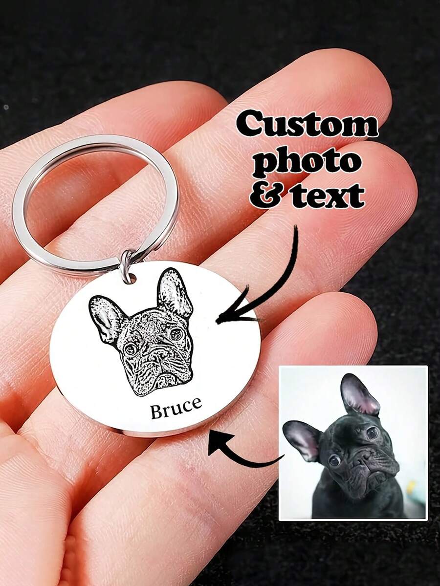 1pc Customized Pet Photo Keychain, Stainless Steel Material Can Customize Dog/Cat Portrait Photo And Pet ID, Personalized Keychain, Customized Pet Name Keychain, Gift For Pet Lovers - Multicolor - View 1