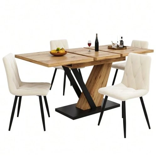 Extendable Dining Table 120(160) X 75 X 75.5 Cm, Table, Kitchen Table, Extendable Table, Extendable Up To 160 Cm, Suitable For Kitchen And Living Room, Tabletop With Wood Grain - Khaki - View 1