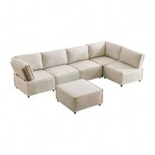 Set Of Semi-Compressed Modular Wooden Sofas, Versatile, Flexible And Easy To Connect, Suitable For Any Type Of Home, Upholstered In Beige Linen Fabric (Combination 2A+3B+C). - Beige - View 10