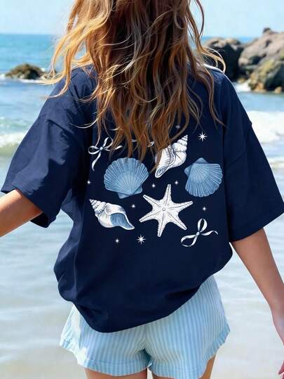 Girls' Loose Pattern T-Shirt, Hand-Painted Shell And Starfish Print, Bow Decor, Casual Loose Fit, Suitable For Beach Vacation, Back To School, Casual Daily Wear, Summer