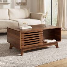 Retro-Modern Coffee Table, Height-Adjustable Top, Sliding Louvered Door, Walnut Finish, MDF Structure, Multifunctional Living Room Table - Walnut - View 2