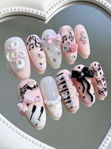 10pcs Cute Musical Note Edge Romantic Heart Ballet Style Black Ribbon Bow Metal Musical Note Pink Series Handmade Fake Nails Pointed,Y2K Japanese Acrylic Press-On Long Oval Nail Art Set - Pink - View 4
