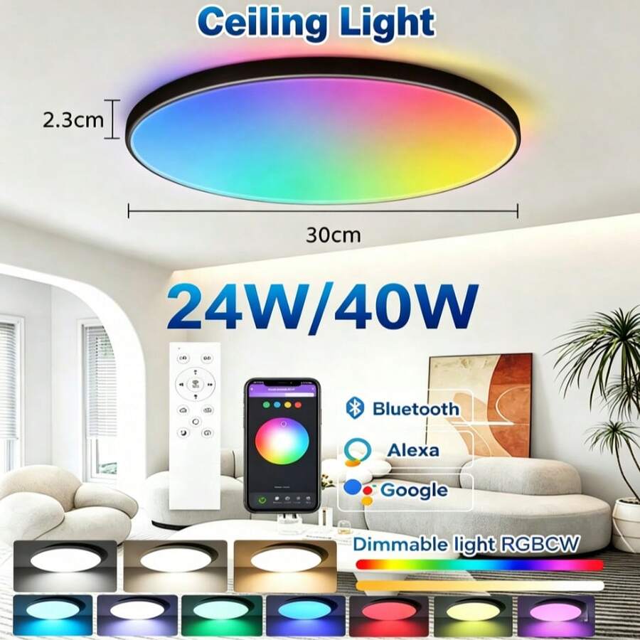 CANMEIJIA Modern Smart Bluetooth Ceiling Light With Remote Control, RGB Color Changing Ceiling Lamp, Dimmable, Timing Function, 24W/40W, Cool White/Neutral White/Warm White, 2305LM/4400LM, App Control And Remote, Suitable For Bedroom, Living Room, Gaming Room, Bar