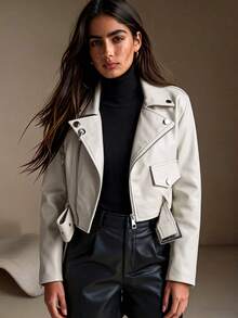 Giolshon Women's Autumn/Winter Street Style Faux Leather Short Biker Jacket - Asymmetric Zipper, Adjustable Waistband, Fashionable Urban Commuter Look White - White - View 3