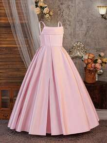 Tween Girls Solid Color Spaghetti Strap Backless Tie-Back Satin Elegant Flower Girl Evening Dress Suitable For Party, Headband Not Included - Dusty Pink - View 4