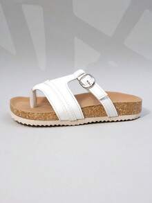 Un par de sandalias de niña con suela de madera blanda y hebillas de metal ajustables, al estilo de las zapatillas Bokan, nuevo modelo de verano (suela/color de suela aleatorio) - Blanco - Ver 3