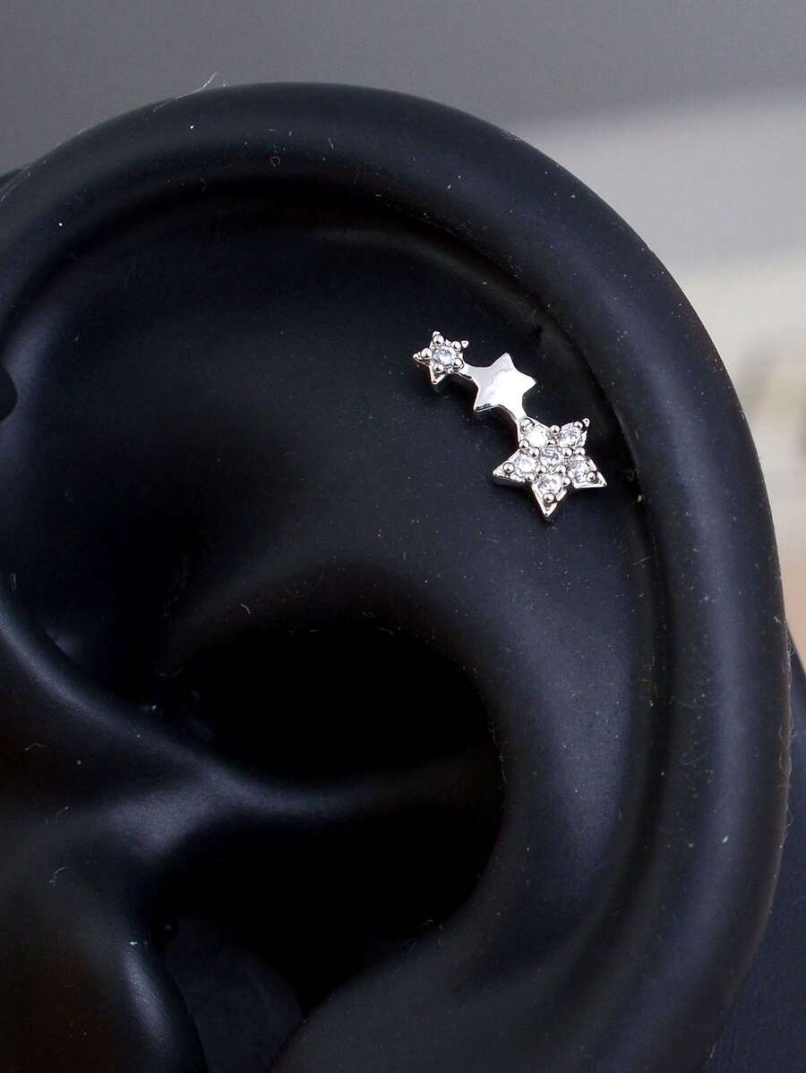 1pc Cubic Zirconia Star Hypoallergenic Cartilage Stud Earring For Women, Spiral Helix Standard Top Upper Lobe Conch Flat Ear Stud, Threaded Back, 20G Piercing Jewelry - A Pair Of Round Star  Earrings - View 1