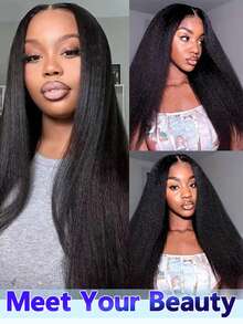 V型分缝真人发Yaki直发无胶假发，200%密度，无留发V型分缝真人发假发，巴西原生卷曲直发假发，女士日常佩戴 - Natural Black - 查看 5