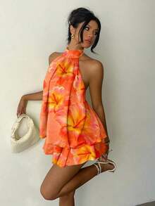 Vestido mini elegante de mujer con cuello halter y lazo en color amarillo claro - Multicolor 7 - Ver 7