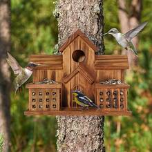 Natural Wood Bird House With Feeder Spoon & Hanging Nest Box Suitable For Hummingbirds, Bluebirds, Sparrows - Compact Outdoor Bird Shelter For,, Balcony - Suitable For Red Sparrows And Hummingbird Feeders - Tree - View 3