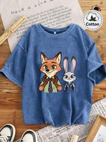 Disney Zootopia Nick Judy Lilo & Stitch Is Not Lazy And. Retro Washed Black Oversized Cotton T-Shirts, Oversized Loose-Fitting T-Shirts For Men And Women, Funny Disney Tops. - Blue - View 1