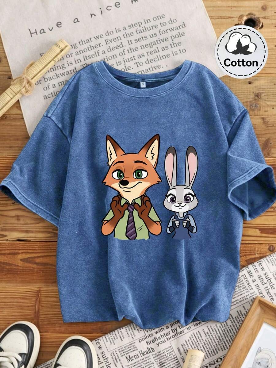 Disney Zootopia Nick Judy Lilo & Stitch Is Not Lazy And. Retro Washed Black Oversized Cotton T-Shirts, Oversized Loose-Fitting T-Shirts For Men And Women, Funny Disney Tops. - Blue - View 1