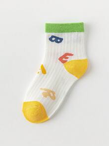 5双夏季清爽儿童袜，简约条纹卡通熊图案男童网眼薄款中筒袜 - 彩色 - 查看 3