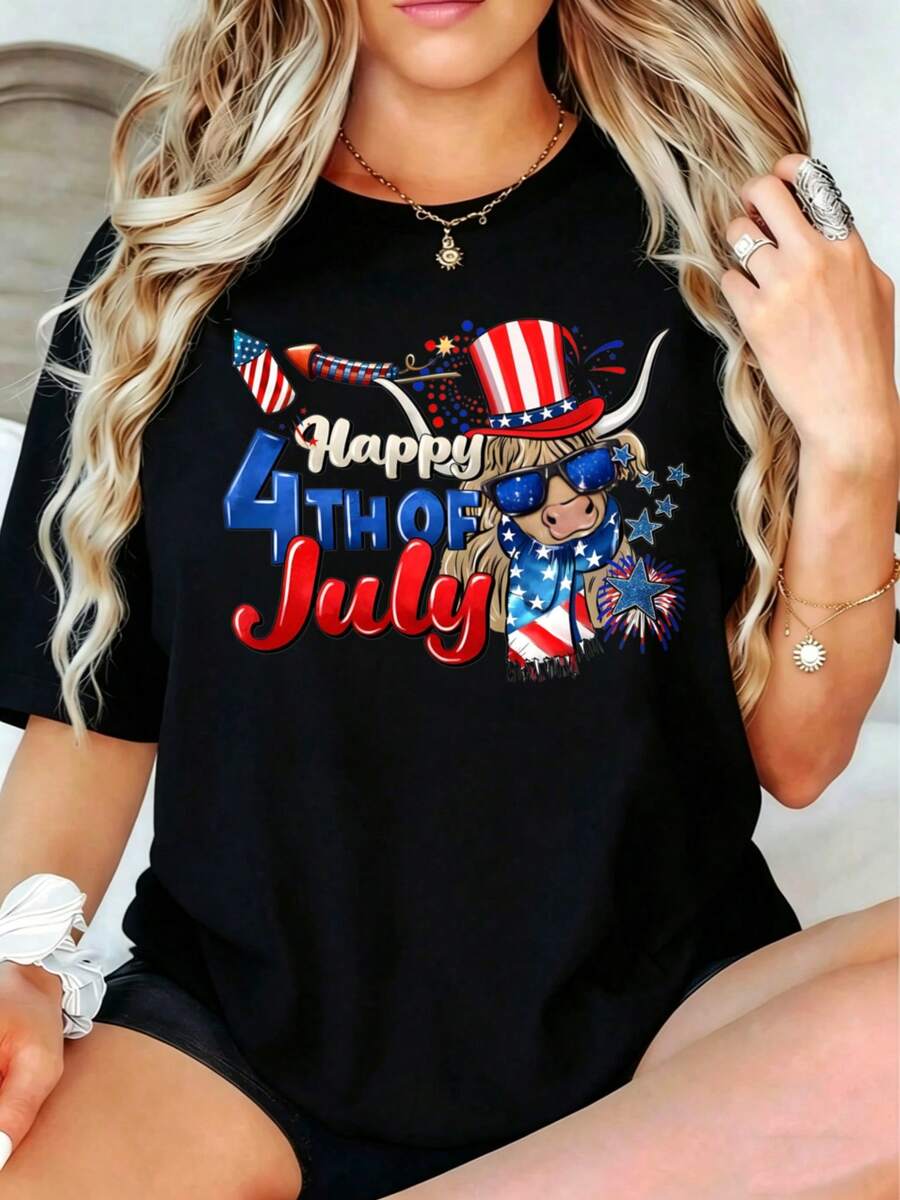 Casual Patriotic Women's T-Shirt Happy 4th Of July American Flag And Cowboy Hat Design Summer Holiday Celebration Gift For Her - 黑色 - 查看 1