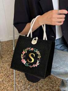 1个简约字母印花帆布手提袋，多功能便携教师手提包，女士礼物，毕业礼物，字母图案礼品袋，大容量印花女士手提包，可重复使用购物袋，适合日常使用、度假、通勤、旅行 - 彩色 - 查看 5
