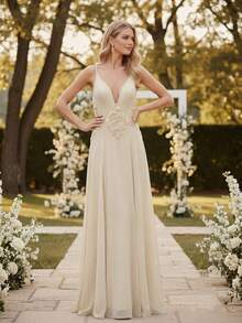 Đầm phù dâu bằng chiffon không tay, cổ chữ V sâu, thanh lịch, có thiết kế xẻ tà phía sau và hơi co giãn. - Màu quả mơ - Xem 6