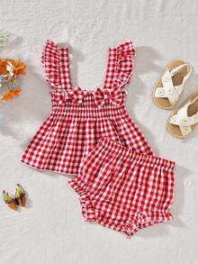 2pcs/Set Baby Girls' Cute Bow Decor Red & White Plaid Camisole Top And Shorts Set, Summer - Red - View 1