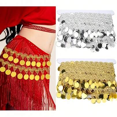 1/10Yards Belly Dance Hip Scarf With Tassel Round Copper Coins, Fabric Accessories, Dance Costume Decoration, Sequins Waist Chain