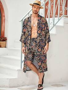 Men's Casual Vacation Cardigan Robe - Bohemian Style Floral Print, Hawaiian Open-Front Long Cardigan Shawl With Belt And Side Pockets, Suitable For Beach, Pool, Home Wear, Or Outdoor Camping. Loose Fit, An Excellent Holiday Gift. Three-Piece Home Robe Set: Long Robe + Shorts + Belt - 混合色3 - 查看 4