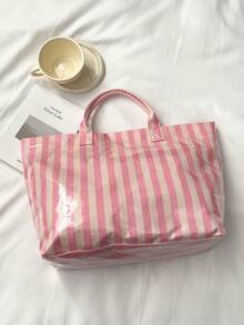 Colorful Striped Tote Bag, Large Capacity PVC Transparent Beach Bag, Fashion Holiday Handbag For Women - Baby Pink - View 6