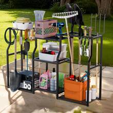 UNHO Multi-Tier Freestanding Garden & Garage Tool Organiser Heavy Duty Storage Rack With Mesh Baskets & Tool Hooks - Black - View 8
