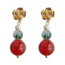 Elegant Court-Style Stud Earrings Featuring New Chinese Agate Flowers, Retro White High-End Earrings Available For Wholesale - 瑪瑙耳環 - 查看 5