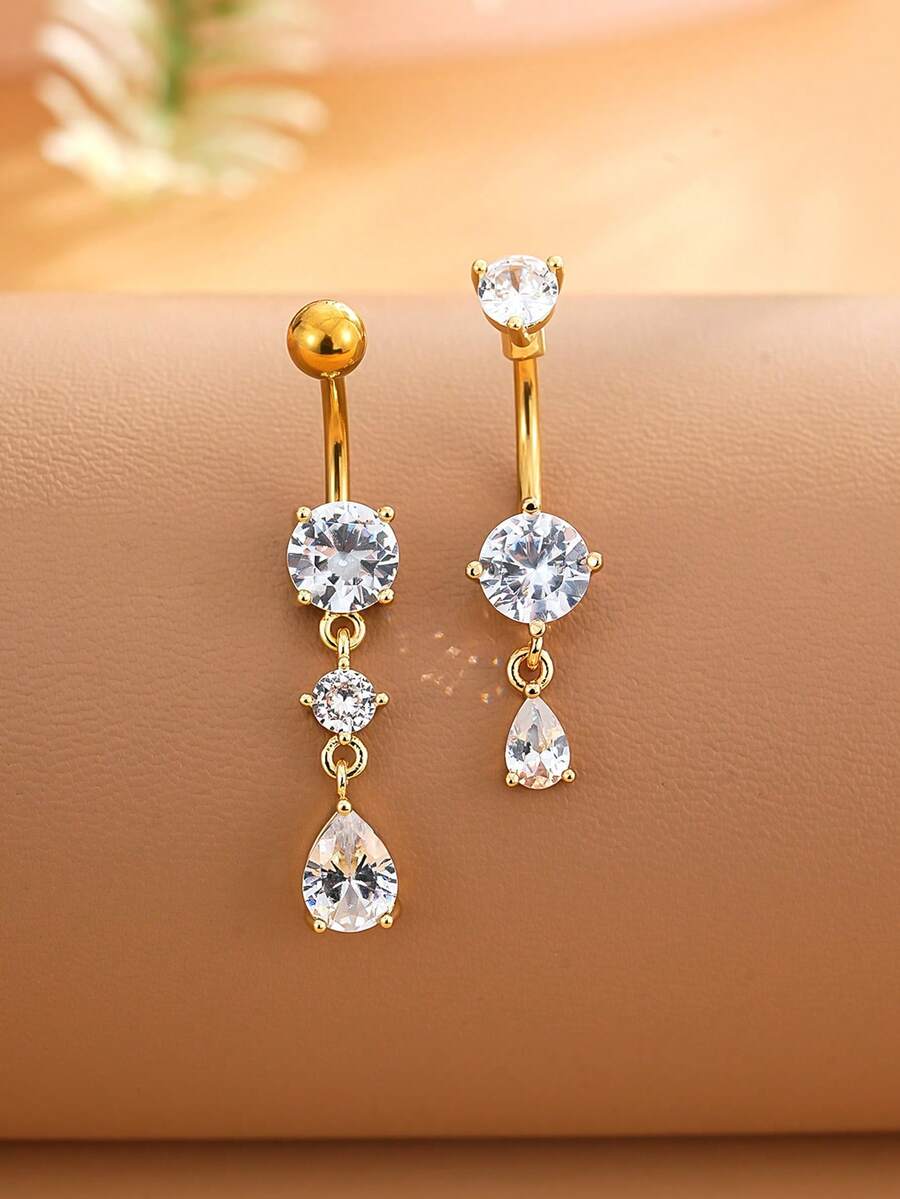 2个18K镀金不锈钢水滴形锆石肚脐环，性感肚脐穿刺饰品，女士款 - 金黃色 - 查看 1