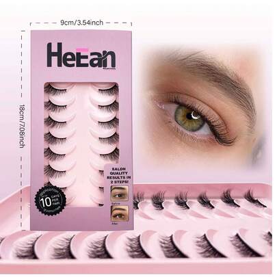 10 Paar Geschenkbox | 6-12mm Halb-Wimpern aus Naturmaterial, schwarzes dünnes Band, wiederverwendbar, ideal für Anfänger für den täglichen Gebrauch & Festivalmode