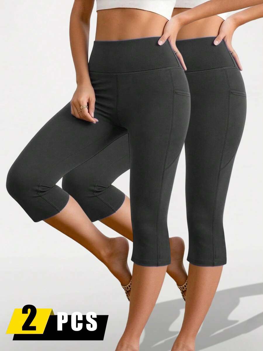2pcs/Set Women Sports Leggings, Tight Yoga Pants, 3/4 Length Compression Tights For Fitness Running - Multicolor - View 1