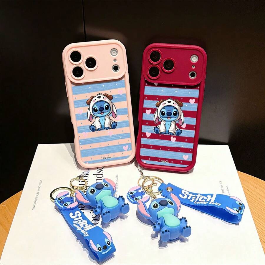 Disney Lilo & Stitch Phone Case With Lanyard, Cute Stitch Wearing Dog Hoodie Cartoon Print, Striped & Heart Pattern, Shockproof Soft Silicone Case With 3D Stitch Wrist Strap, Disney Lilo & Stitch Phone Cover For IPhone 17, 16, 15, 14, 13, 12, And 11 Pro,Galaxy S22 ,S23,S24,S25 Models. Made Of Durable TPU With Shockproof Protection. A Fun Gift For Family, Friends, Birthdays, Holidays, And Special Occasions. - 粉色 - 查看 1