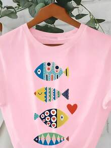 Plus Size Round Neck Short Sleeve T-Shirt, Made Of High Elasticity Fabric, Printed With Colorful Fish Pattern - Pink - View 4
