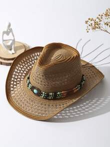 1pc Unisex Turquoise Decor Dyeing Printed Adjustable Hollow Out Summer Travel Shade Hand Woven Wide Brim Windproof Rope Breathable With Beaded Trim Band Handmade Cowgirl Hat Cowboy Hat Sun Hat Beach Hat Straw Hat - 橘色 - 查看 3