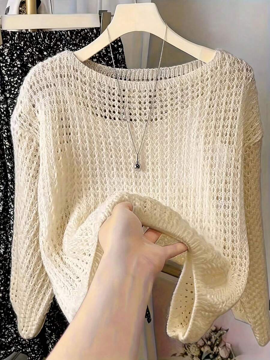 Áo dệt kim dáng rộng, màu trơn, khoét lỗ, thoải mái cho nữ mùa hè - Màu be - Xem 1