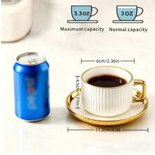 6pcs/Set Vintage Ribbed Coffee Cup And Saucer Set, Luxury Gold Rim Ceramic Espresso Cups, Viral Ins Style Elegant Tableware For Home Afternoon Tea, Office & Breakfast, Perfect Gift For Coffee Lovers - Multicolor - View 5