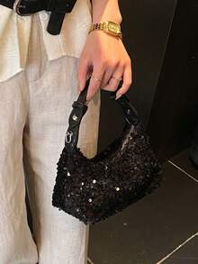 Sweet And Cool Edgy Sequined Shoulder Bag, Heavy-Duty All-Over Party Style, Niche Design, Versatile For Spring And Summer, Women's Shoulder Bag. - Black - View 2