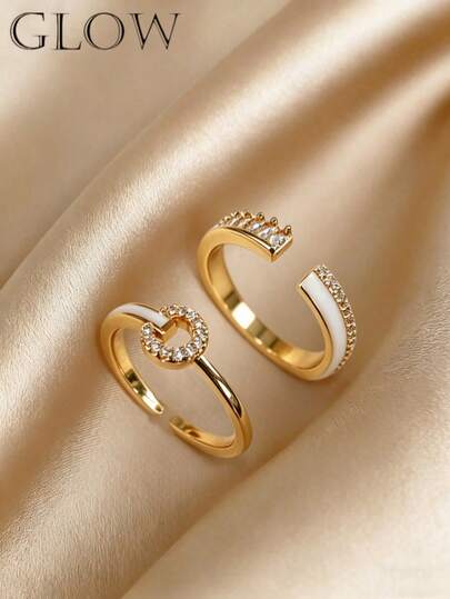 2pcs Copper Material Fashion Minimalist Niche High-End Design Elegant Cubic Zirconia Adjustable Rings, Suitable For Young Girls Daily And Holiday Wear