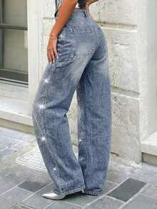 Damjeans med hög midja, vida ben och gradientblå strass, trendiga streetstyle-jeans - Mörktvätt - Visa 2
