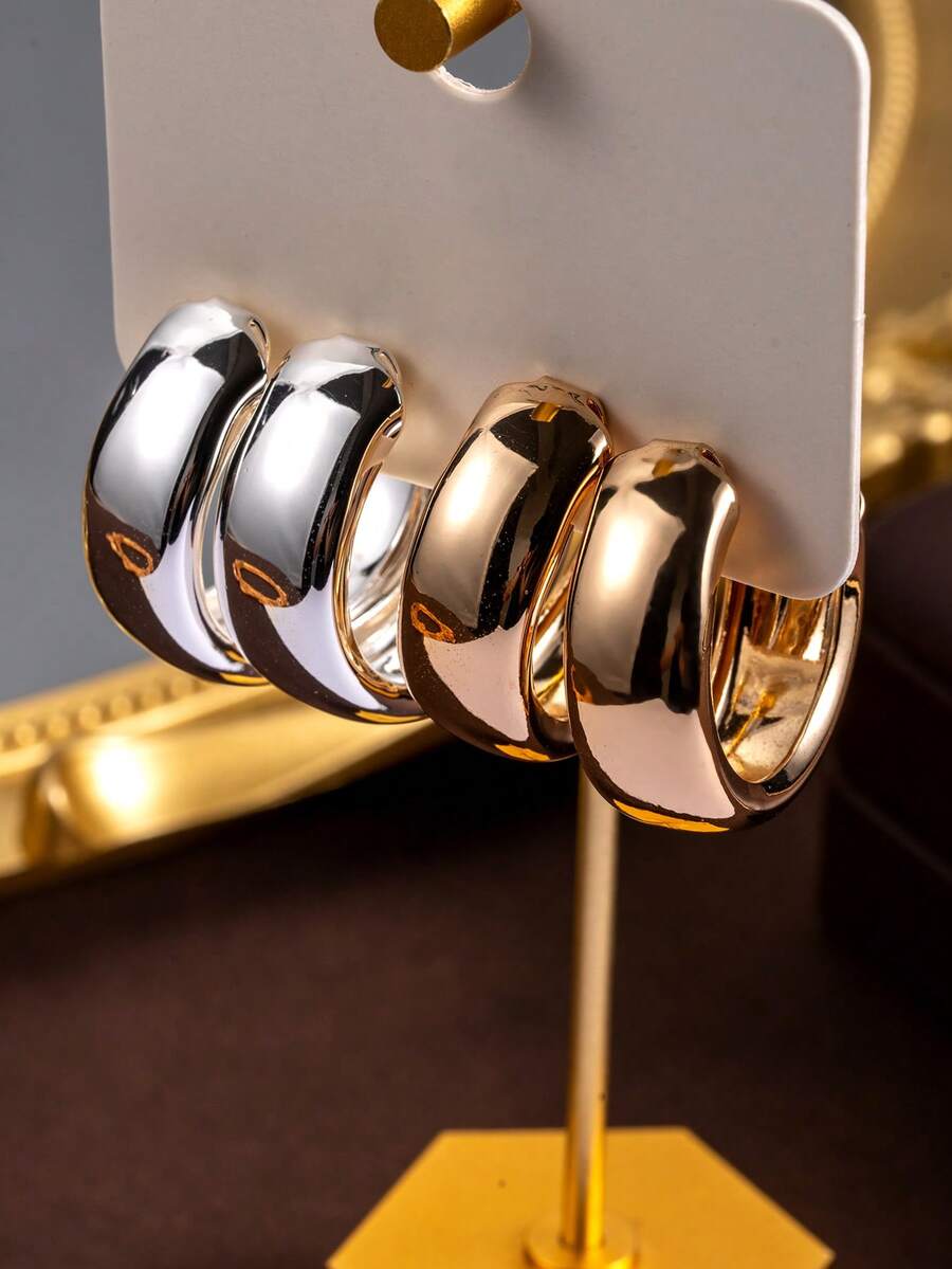 2 Pairs Of C-Shaped Earrings, Fashionable Wide C-Shaped Hoop Earrings, Unique Personalized Style Earrings - Yellow and White Gold - View 1