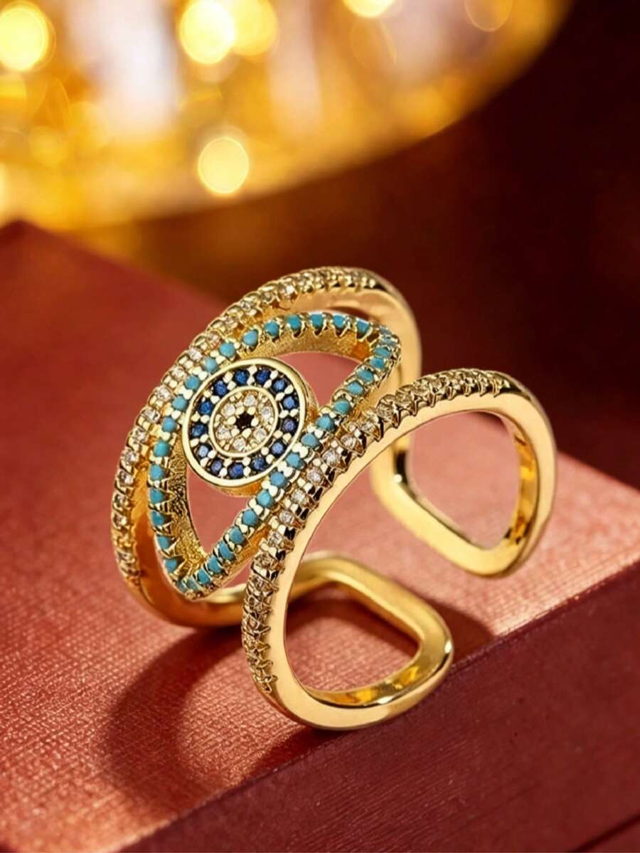 1pc European & American Style Multi-Layer Lucky Eye Adjustable Open Ring, Elegant Luxury Bohemian Accessory - Open Ring - View 1